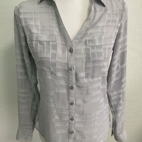 Express Womens Sheer Grey Long Sleeve Geometric Button Up Blouse Size XS - Picture 3 of 10
